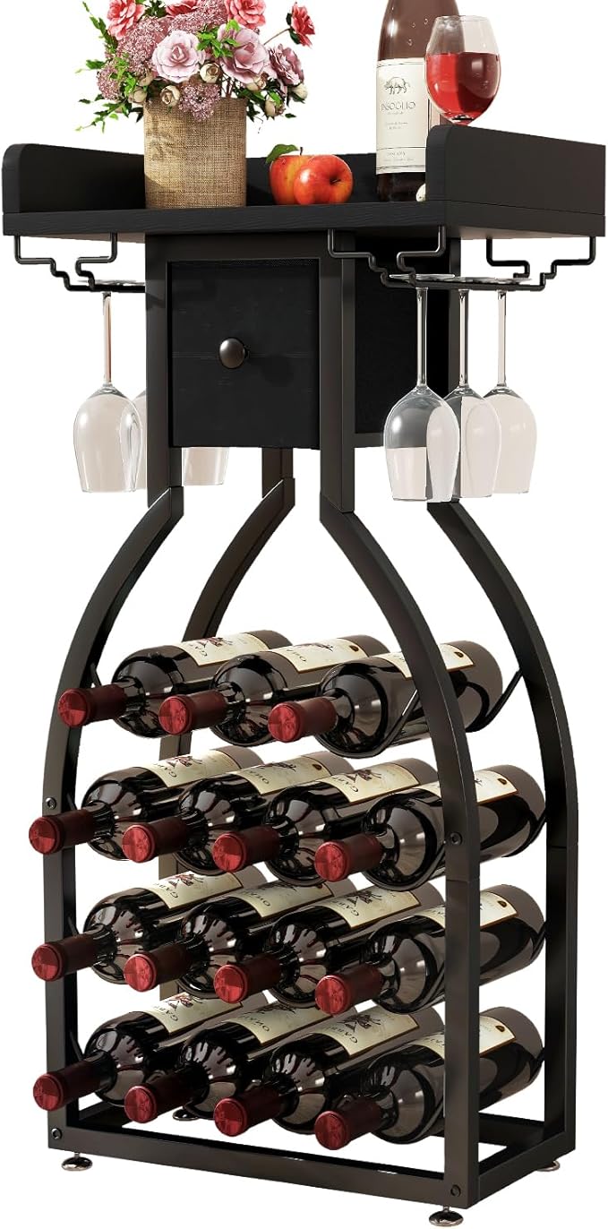 IBUYKE Wine Rack Freestanding Floor,Wine Storage 15 Bottles Bottle Rack with Glass Holders, Mini Bar Wine Cabinet with Storage Drawer for Home Bar Kitchen Dining Room,Black,UTMJ908B