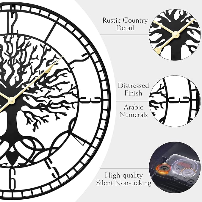 Tree of Life Wall Clock – Elegant 24-Inch Oversized Metal Farmhouse Decor for Living Room, Modern Battery Operated Wall Clock with Silent Operation