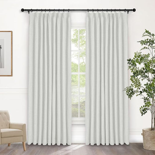 Macochico Pinch Pleated 100% Blackout Curtains Greyish White Linen Curtains for Bedroom Living Room Farmhouse Thermal Insulated Window Panels Pleated Curtains with Hooks and Tieback 52”Wx72”L 1 Panel
