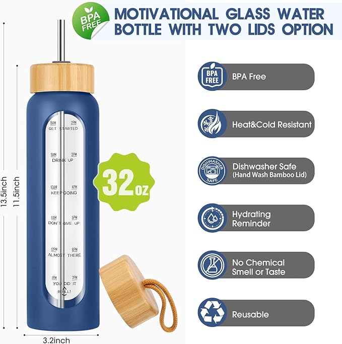 32 oz Glass Water Bottle with Straw - Motivational Time Marker & Silicone Sleeve - Reusable Tumbler Includes 2 Bamboo Lids & Fruit Infuser - 1 Pack