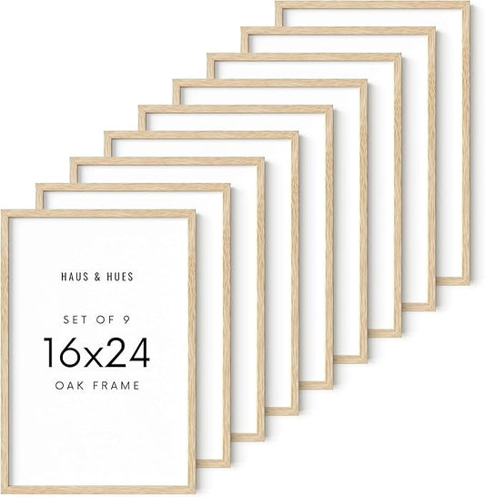 HAUS AND HUES Square Picture Frames 16 x 24 Set of 9 - Photo Gallery Wall Frame Set, Wood 16x24 Frames, 16 x 24 Frames Gallery Wall Set, 16x24 Frame with Mat, Square Frames 16x24 (Beige Oak Frames)