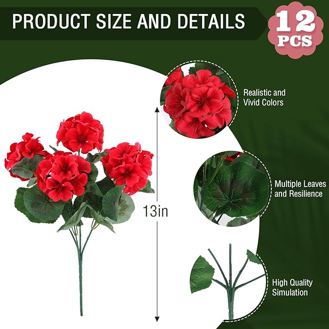 Hananona 12 Bundles Artificial Geranium Flowers for Outdoors Silk Geranium Flowers Outdoor UV Resistant Garden Plants Faux Flower for Home Kitchen Table Centerpieces Decor (12, Red)
