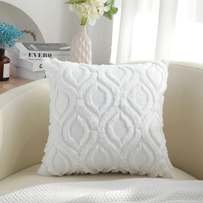 decorUhome Fall Throw Pillow Covers 20x20 Inch Set of 2, Soft Plush Decorative Faux Fur White Solid Couch Pillow Covers, Accent Farmhouse Neutral Square Euro Pillow Cases for Sofa Bed Living Room