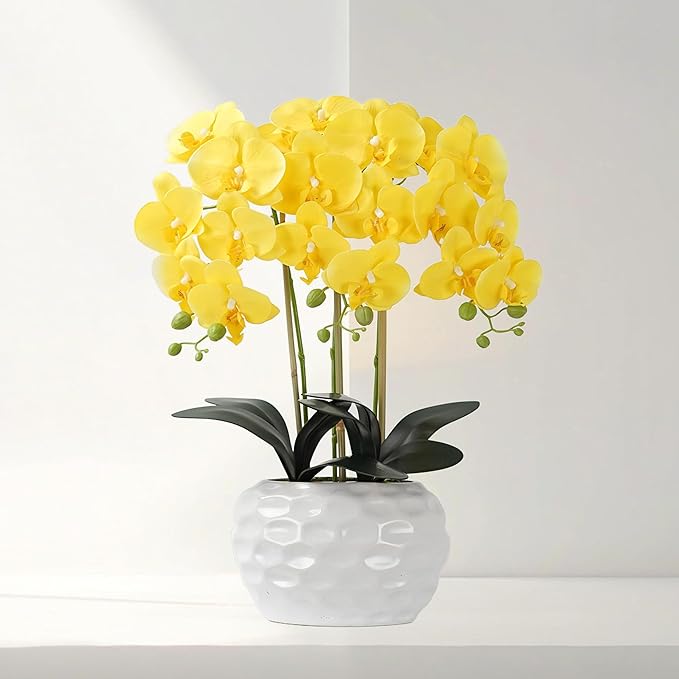 Orchid Artificial Flowers with White Vase Large Silk Faux Phalaenopsis Flowers for Dining Room Table Floral Centerpieces Indoor Decoration,Yellow