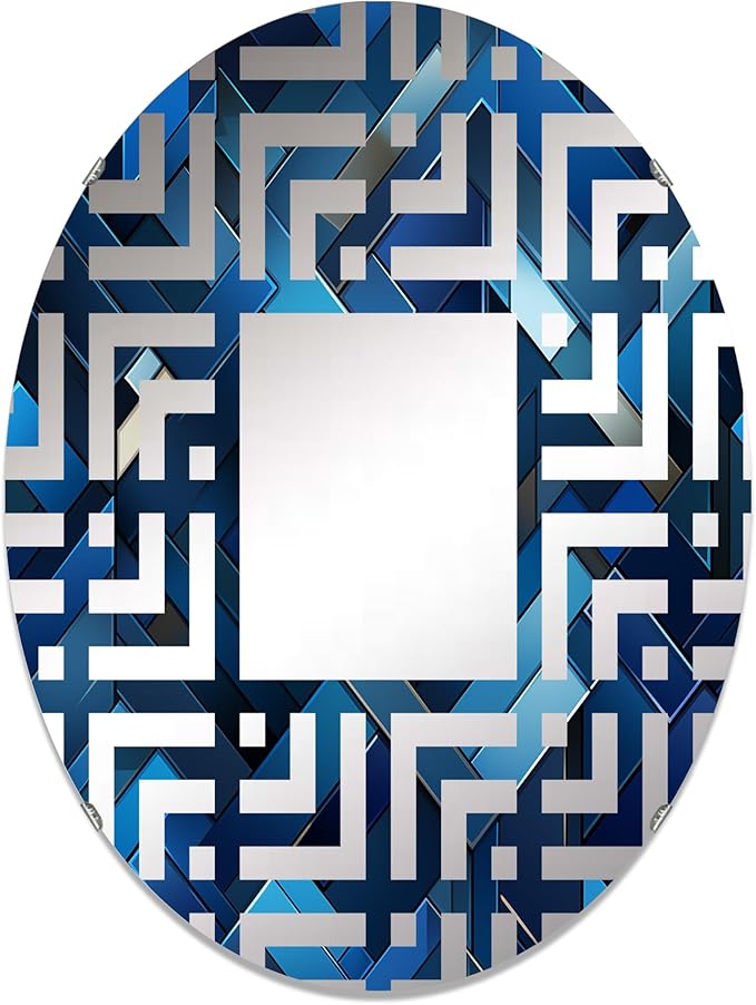 Symmetric Cubes in Deep Cobalt Blue - Geometric Maze - 24x36 Inches - Oval Decorative Wall Mirror for Bathroom, Bedroom, Entryway, Living Room, Vanity Room and Modern Décor