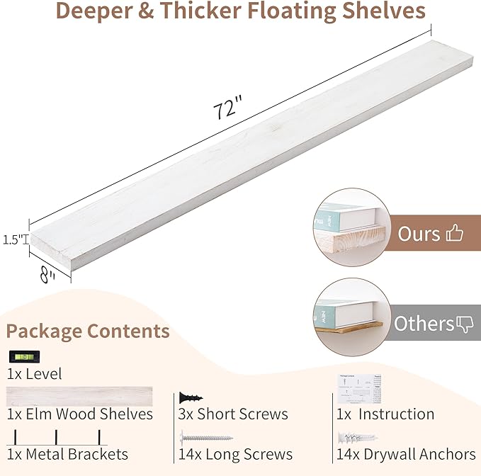 Rustic Elm Wood Floating Shelves - 72'' W x 8" D Wall Mounted Mantel Shelf with Invisible Bracket, Large Long Storage Shelves for Living Room, Bedroom, Kitchen, Bathroom, White Wash