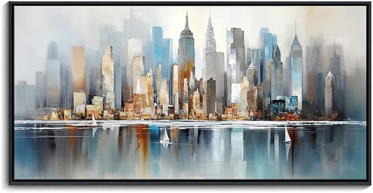 DUNHUANG ART New York City Skyline Abstract Art - Modern Manhattan City View Painting for Home Decor - Large Framed Cityscape Wall Art 20"x40"