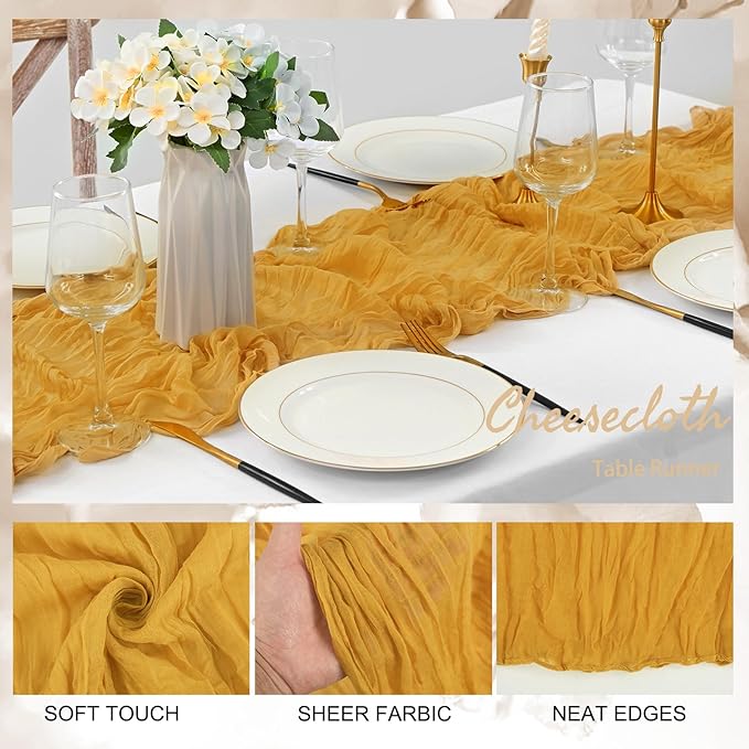 12 Pack Mustard 10FT Cheesecloth Table Runner Rustic Gauze Fabric Cheese Cloth Table Runner for Wedding Bridal Baby Shower Table Decor Boho Sheer Birthday Party Table Decorations 20 x 120 Inch Long