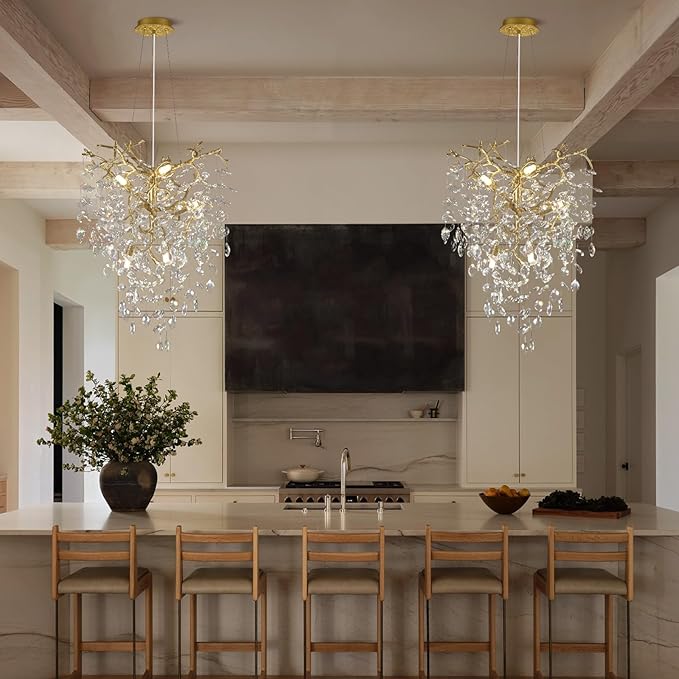Modern Gold Crystal Tree Branches Chandelier,21 Inchs 6 Lights Modern Round K9 Crystal Chandeliers for Dining Room, Bedroom, Living Room, Foyer,Kitchen Island