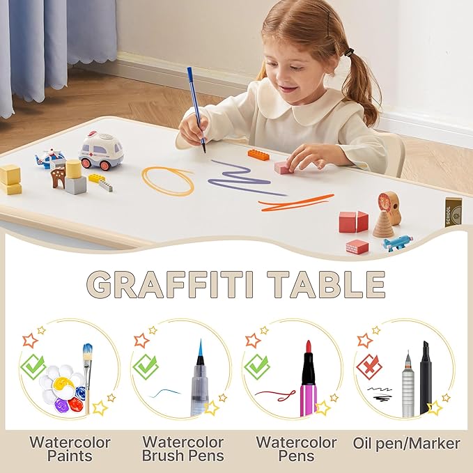 Kids Study Table and Chairs Set, Height Adjustable Toddler Table and Chair Set for Kids Ages 3-8, Graffiti Desktop (Burlywood - 1)