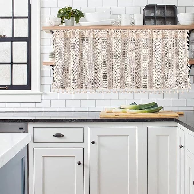 Sutuo Home Boho Sheer Curtain Valance Tier Crochet Lace with Bohemian Hollow Knitted Handmade Tassels, Short Farmhouse Window Treatment for Kitchen Cafe, Rod Pocket, 1 Panel 59" W x 36" L, Beige