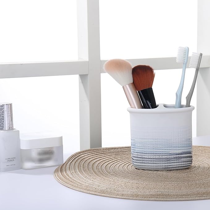 Toothbrush Holder Blue and White for Bathroom, Ceramic Bathroom Electric Toothbrush Organizer Countertop for Makeup Brush, Toothpaste, Razor, Vanity