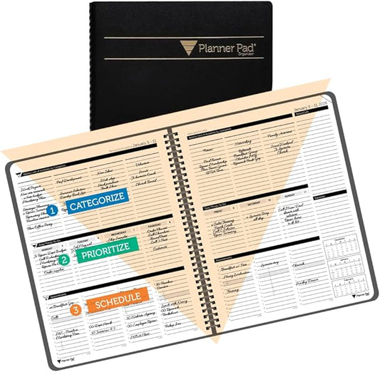 Planner Pad Spiral Bound January-December 2026/ Calender Year 8 1/2" x 11" Large 3-Tier Funnel Down 12 Month Organizer, Black Cover/Black Ink