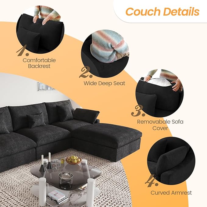 JACH U-Shaped Sectional Couches for Living Room, Cloud Sectional Couch with Deep Seat, 155.9" Modular Sofa with Chaise, Covers Removeable & Washable, Sofas Furniture for Living Room, Black
