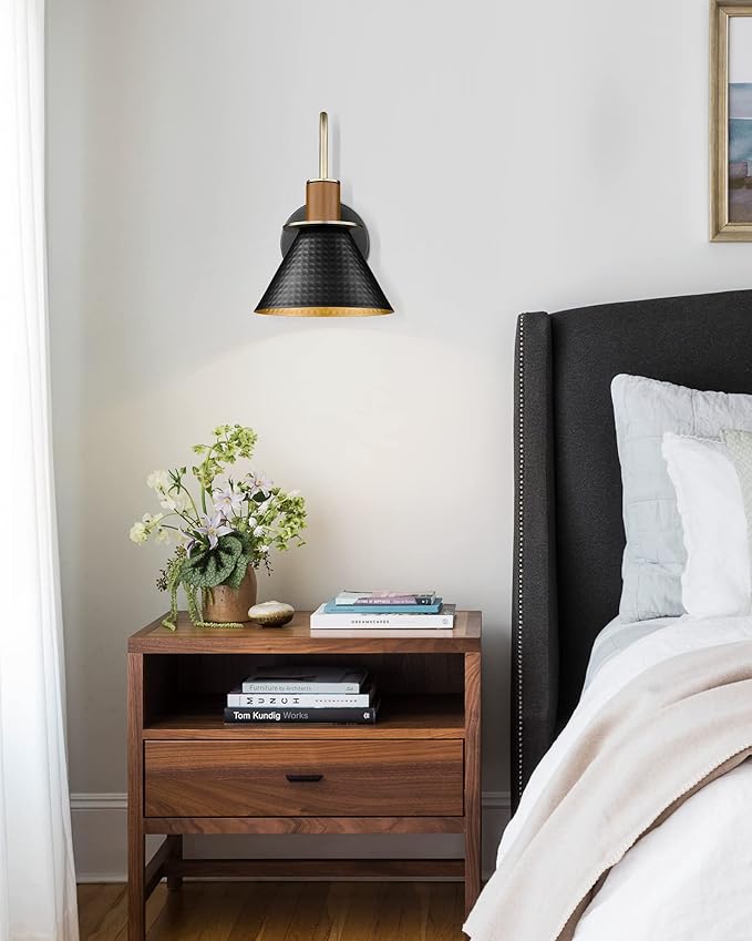 Modern Wall Sconces Set of Two, HWH Industrial Sconce Wall Lighting 1-Light, Gooseneck Barn Wall Vanity Light for Bedroom Kitchen, Hammered Metal Shade, Black and Gold Finish, 5HZG74B-2L BK+BG
