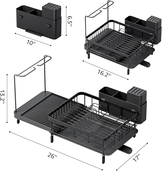 Dish Drying Rack for Kitchen Counter, Expandable Large Capacity Dish Rack with Drainboard, Wine Glasses Holder, Space Saving Organizer, Black