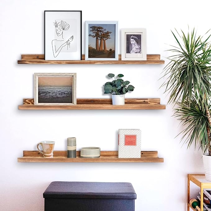 AZSKY Picture Ledge Shelf Wall Ledge Floating Shelves for Photo Frames Kids Book Shelves Wall Mounted Burnt Wall Display Shelf Wooden Frame Ledge 48 Inches Set of 3 Bathroom Organizer Shelves