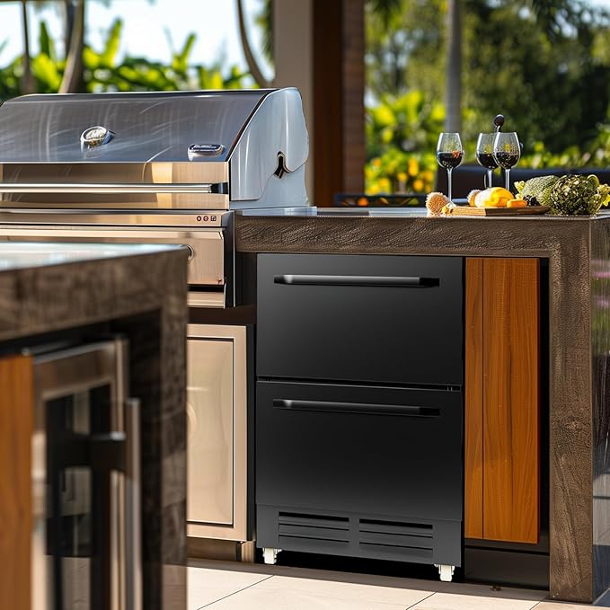 24 Inch Under Counter Dual Drawer Beverage Fridge, Weather Proof Outdoor Beverage Refrigerator for Patio, Stainless Steel Built-in Beverage Cooler for Home & Commercial Use, Black