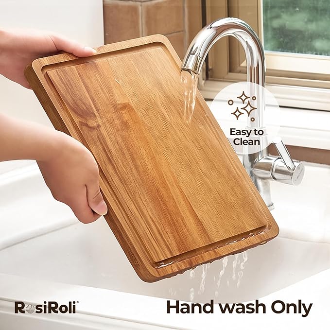 Acacia Wood Cutting Board for Kitchen - 0.8 inch Thick Wood Charcuterie Cheese Board with Side Handles and Juice Grooves, Wooden Chopping Block for Meat and Veggies, 13x10 inch