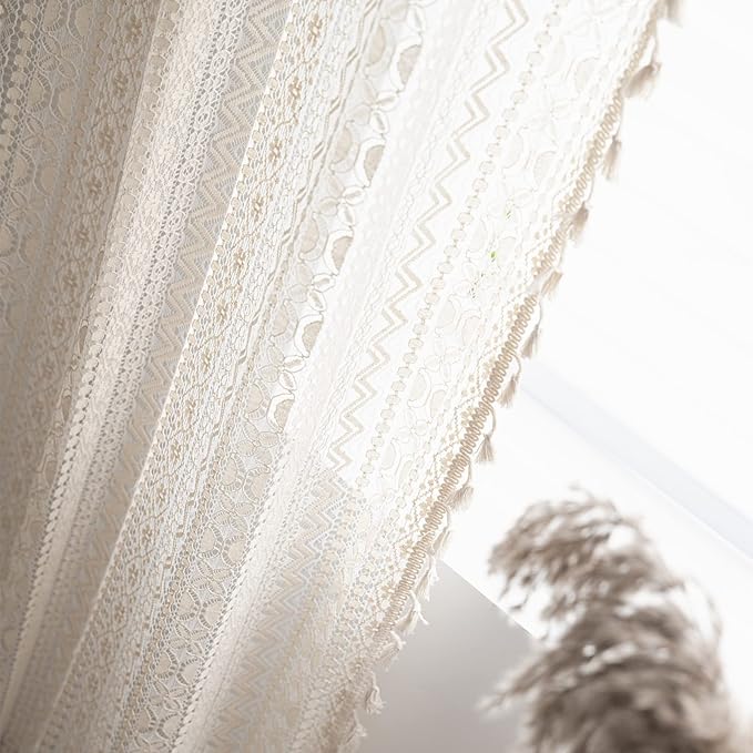 Sutuo Home Crochet Boho Curtain 84 Inches Length, Sheer Lace Handmade Tassels Knitted Window Treatment Vintage Rustic Bohemian Farmhouse Drape for Bedroom Rod Pocket 1 Panel 59" W x 84" L, Beige Wave