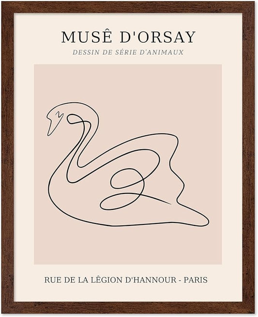 Poster Master Vintage Poster - Retro One Line Swan Drawing Print - Swan Art - Bird Art - Minimal Gift for Her, Animal Lover - Abstract Decor for Home, Office, Bedroom, 16x20 Brown Framed