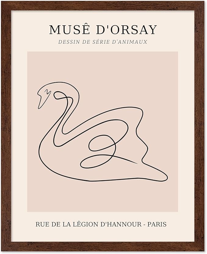 Poster Master Vintage Poster - Retro One Line Swan Drawing Print - Swan Art - Bird Art - Minimal Gift for Her, Animal Lover - Abstract Decor for Home, Office, Bedroom, 11x14 Brown Framed