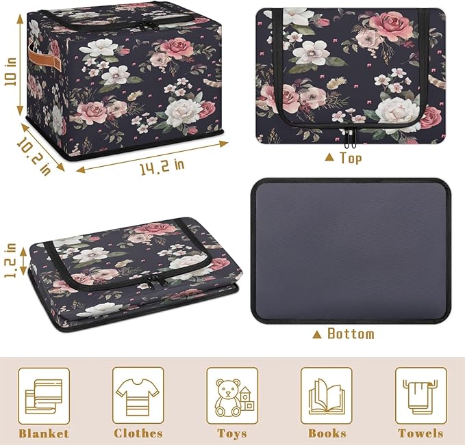 Rectangular Storage Baskets for Shelves - Waterproof Foldable Laundry Basket, Nursery Hamper, Reusable Toy Bin for Organizing Toys, Books, Clothes, Closet 14"x10.2" x10.4" (Flowers)