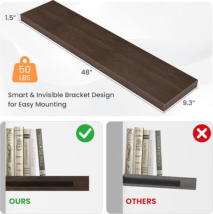 Floating Shelves for Wall, 48" W x 9.3" D x 1.5" H, Wooden Wall Mounted Display Shelves with Invisible Brackets for Living Room, Bedroom, Bathroom, Kitchen Decor and Storage, Set of 1, Walnut