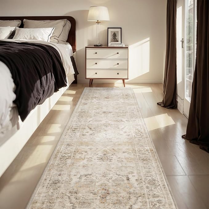 AMOAMI-2X10 Runner Rug-Washable Runners for Hallways-Soft Non Slip Bedside Rugs for Bedroom-Vintage Long Rug for Hallways Entryway Laundry Room Stair Kitchen Bathroom Beige
