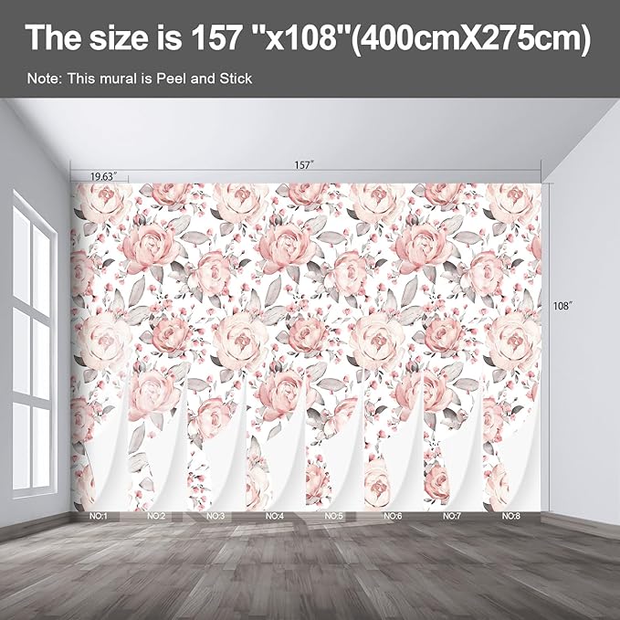 Pink Floral Wall murals Peel and Stick Flowers Wallpaper for Bedroom Living Room - 108"x157"