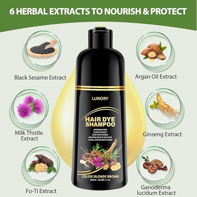 Blonde Brown Hair Dye Shampoo for Gray Coverage - 3 IN 1 Hair Color Shampoo with Argan Oil & Ginseng, Ammonia & Paraben Free, Long Lasting Semi-Permanent Natural Color for Women & Men (500ml)