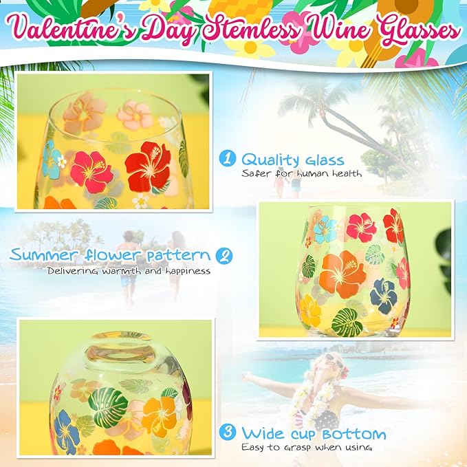 Sliner 2 Pack 17oz Summer Hawaiian Stemless Wine Glasses Aloha Stemless Wine Glass Luau Colorful Flowers Leaves Tumbler Cups for Hawaiian Tiki Party Supplies Birthday Gift