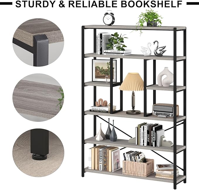 LVB Industrial 6 Tier Bookshelf, Large Tall Open Rustic Vintage Etagere Bookcase, Gray Big Wide Modern Farmhouse Wood and Metal Book Shelf for Home Bedroom Living Room Office Storage, Light Grey Oak