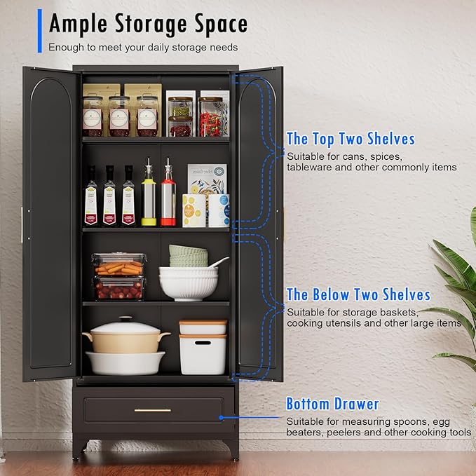 Black Pantry Kitchen Cabinet with Drawer, 75 Inch Metal Storage Cabinet with Doors and Shelves, Steel Food Pantries, Large Freestanding Cupboard for Living&Dining Room-Assemble Required