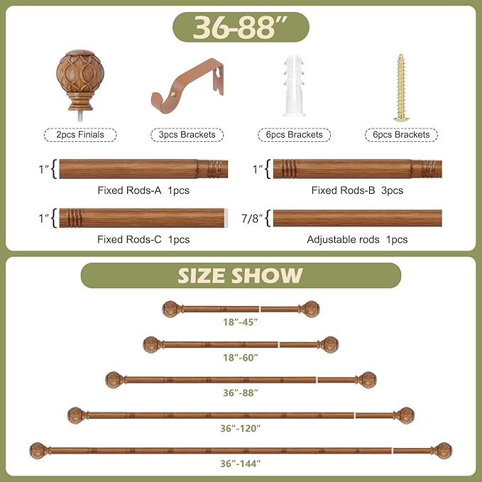Wood Boho Curtain Rods for Windows:36-88Inch Wooden Farmhouse Curtain Rod for Bedroom Living Room,Heavy Duty Adjustable Rustic Decorative Drapery Rods with Vintage Imitation Wood Finial,Brown