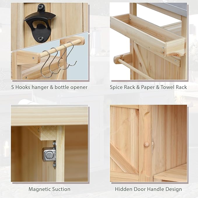 Outdoor Grill Table with Stainless Steel Top, Farmhouse Solid Wood Kitchen Island Cart with Internal Storage Rack, Outdoor Bar Cart with Storage Cabinet, Spice & Towel Rack, Natural