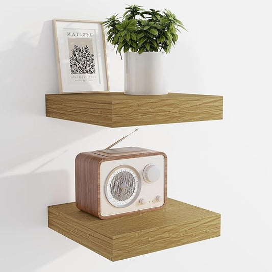 Marsmiles 6.7" Floating Shelves for Wall, Wooden Shelves with Invisible Brackets Set of 2, Rustic Farmhouse Wall Mounted Shelf for Kitchen Bathroom Living Room Study, Natural Oak