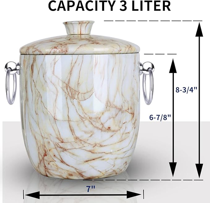 Ice Bucket with Lid, Scoop, Tongs and Strainer - Well Made Insulated Stainless Steel Keep Ice Frozen Longer - Ideal for Cocktail Bar, Parties, Chilling Wine, Champagne - 3 Liter (CarraraMarble)