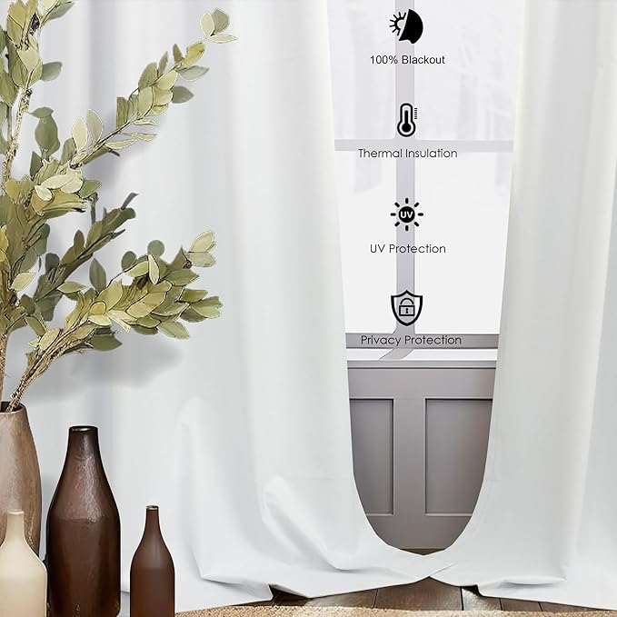 White Linen Blackout Curtains 108 Inches Long 2 Panel Burg for Sliding Glass Door Noise Reduction Thermal Summer Heat Blocking Floor to Ceiling Curtain for Bedroom Living Room Back Tab Pocket 9ft Tall