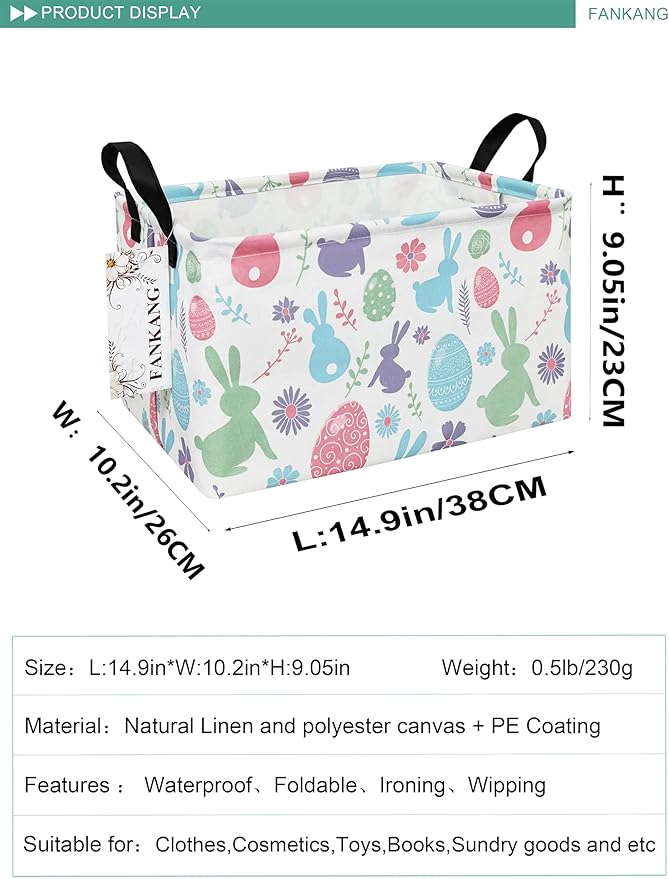 FANKANG Storage Bins, Nursery Hamper Canvas Laundry Basket Foldable with Waterproof PE Coating Large Storage Baskets for Kids Boys and Girls, Office, Bedroom, Clothes,Toys(Rec-Easter egg）