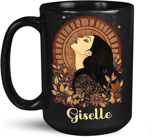 Elegant Woman Coffee Mug with Custom Name, Autumn Themed Ceramic Cup 11oz 15oz, Unique Fall Inspired Black Mug for Women, Personalized Women's Day Coffee Cup, Gifts for Holiday