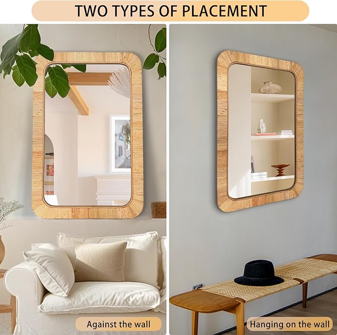 24x36 inch Rattan Rectangular Mirror for Wall, Bohemia Bathroom/Farmhouse Boho Mirrors, Vanity Irragular Decorative Mirror, Suitable for, Nursery, Bedroom, Living Room, Home Decoration