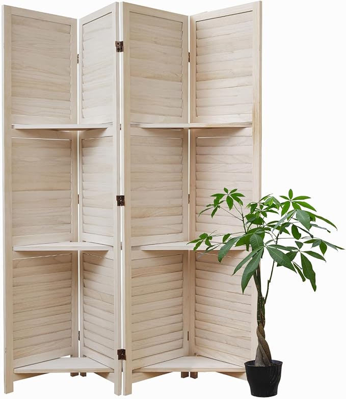 Room Divider with Shelves, 5.6 Ft Tall Folding Wood Screen with Double Hinges for Home Office Bedroom Hotel Decoration (4 Panels, White-Washed)