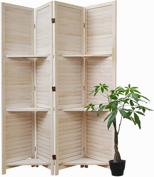 Room Divider with Shelves, 5.6 Ft Tall Folding Wood Screen with Double Hinges for Home Office Bedroom Hotel Decoration (4 Panels, White-Washed)