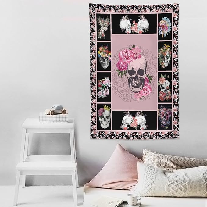 yowecso Sugar Skull Tapestry Horror Skeleton Tapestry Wall Hanging for Bedroom Rose Skull Tapestries Aesthetic Wall Decor for Home Dorm Living Room 40"x60"