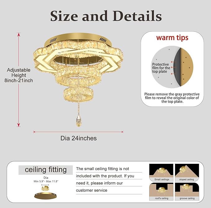 Flashing God Modern Crystal Chandeliers Dia 24" Gold Chandelier Flush Mount Ceiling Light for Bedroom Living Room Dining Room Hallway Dimmable 3 Rings LED Celing Lighting Fixtures