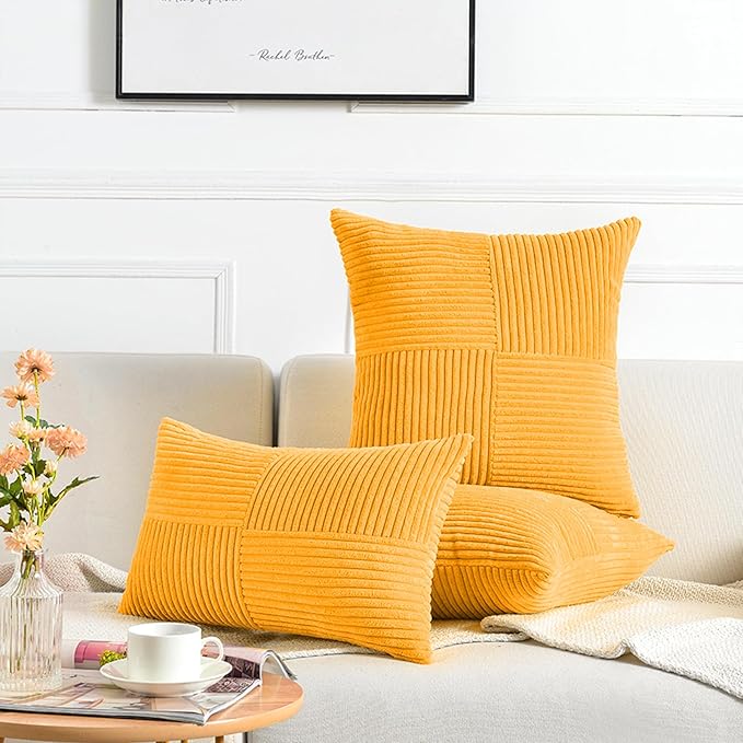 Fancy Homi 2 Packs Gold Yellow Spring Decorative Throw Pillow Covers 16x16 Inch for Couch Bed Sofa, Rustic Farmhouse Boho Home Decor, Soft Corss Patchwork Corduroy Textured Square Cushion Case 40x40cm