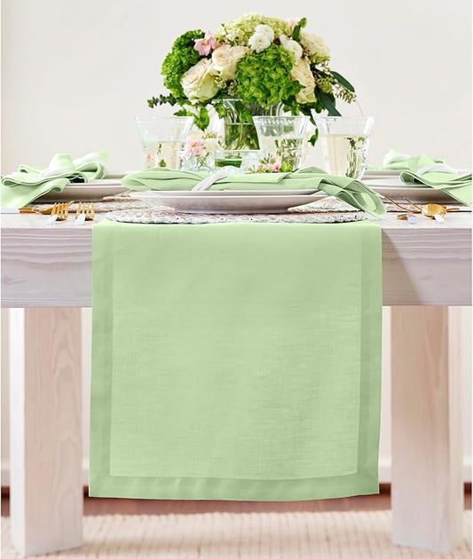 Solino Home Linen Table Runner 108 Inches Long - 100% Pure Linen Pastel Green Table Runner 14 x 108 Inch - Fete