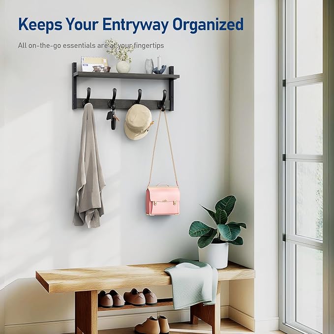 Tatub 20" Rustic Coat Rack Wall Mount with Shelf, Wall Hooks with Shelf, Heavy Duty Entryway Organizer Hangers for Hanging, Hat, Bag, Jacket for Bathroom, Living Room, Bedroom, Ebony