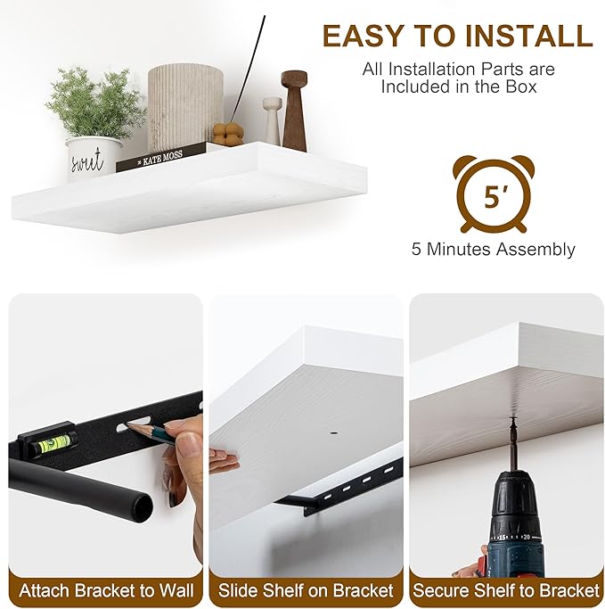 White Floating Shelves 48 Inch Long, 8 Deep Floating Shelves for Wall, Rustic 48" Long Fireplace Mantel, Large 48 x 8 Wall Shelves for Bedroom, Living Room, Bathroom, White Deep Shelves Set of 1